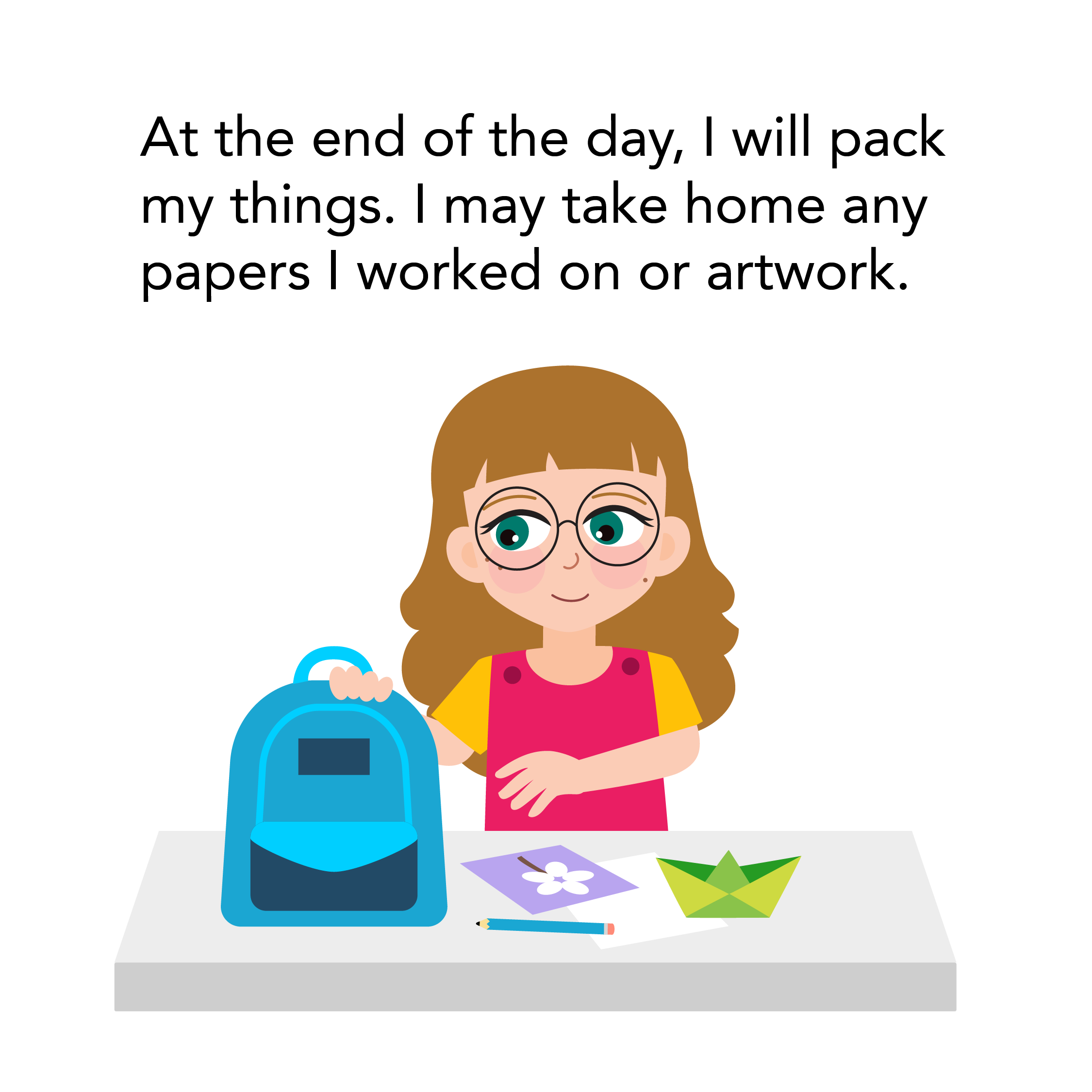 Little girl packing artworks into backpack to take home