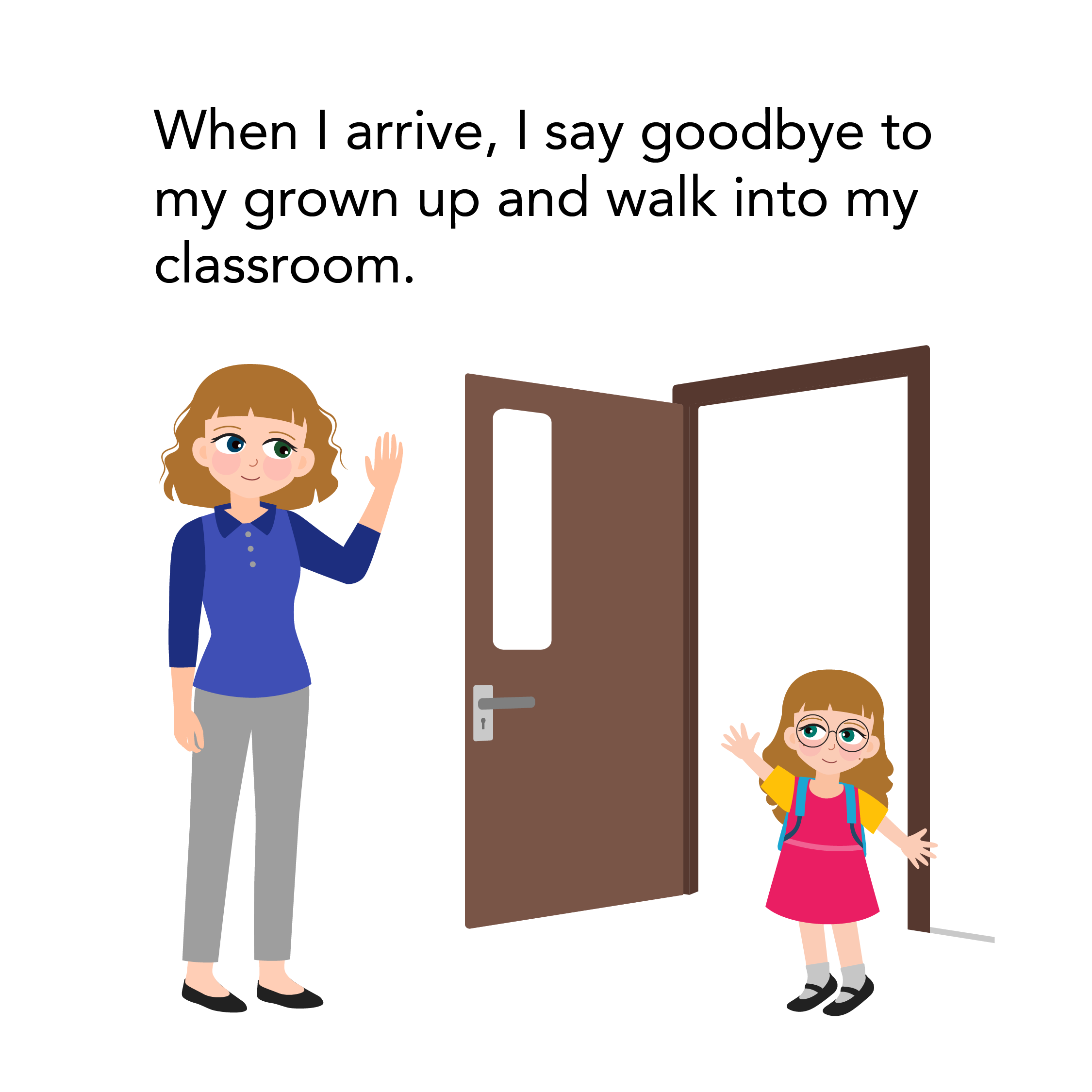 Little girl waves goodbye to grown up and walks into classroom
