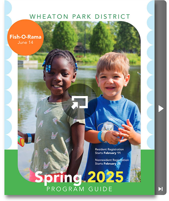 spring 2025 program guide cover links to view program guide at calameo.com in new window