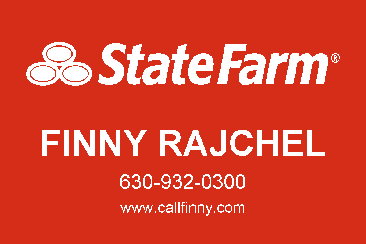 State Farm logo with text: Finny Rajchel, 630-932-0300, www.callfinny.com