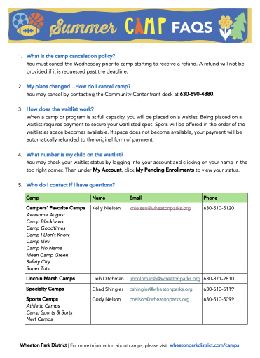 Summer Camps FAQs Document Thumbnail links to full document PDF (opens in new window)