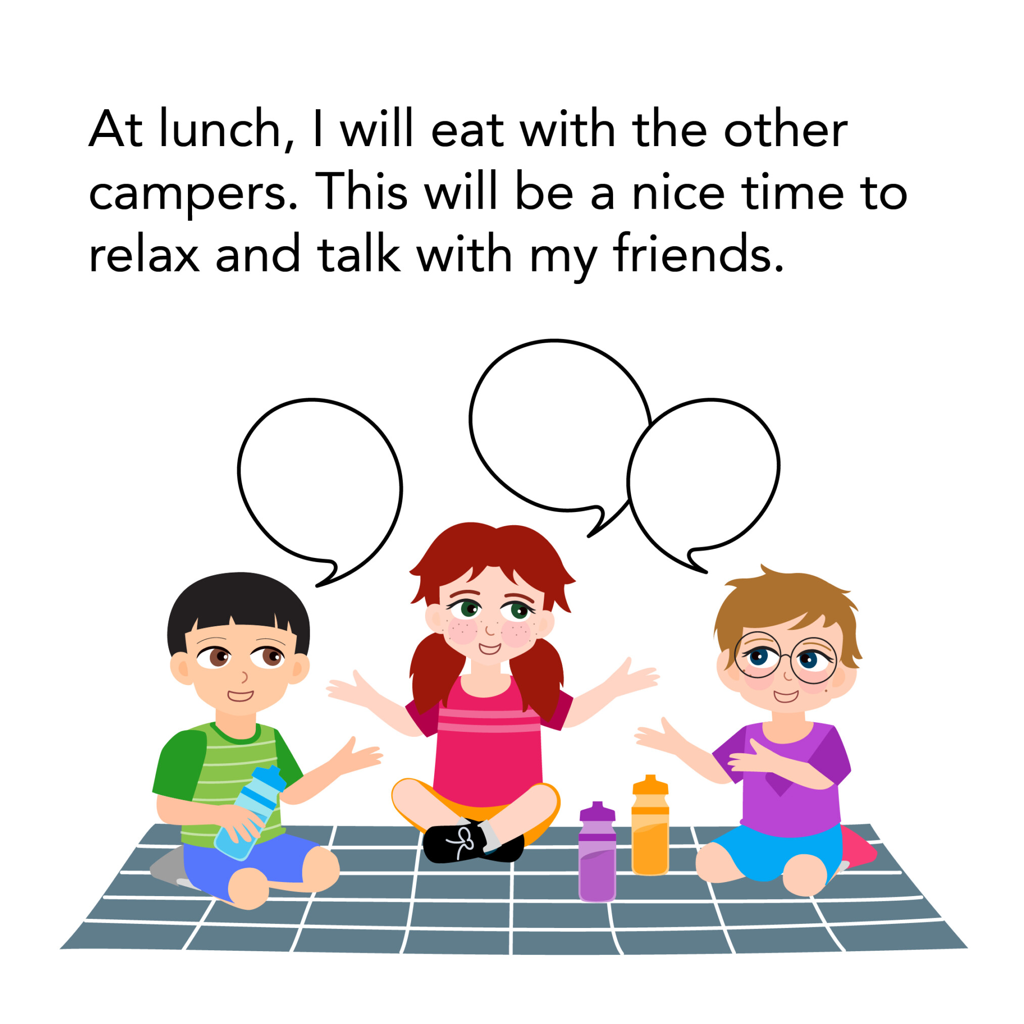 Group of children relaxing, enjoying lunch and talking with friends