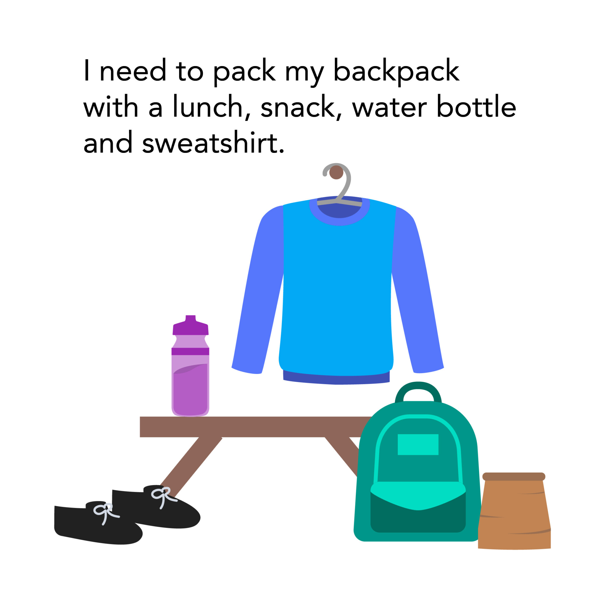 Backpack with lunch, snack, water bottle and sweatshirt