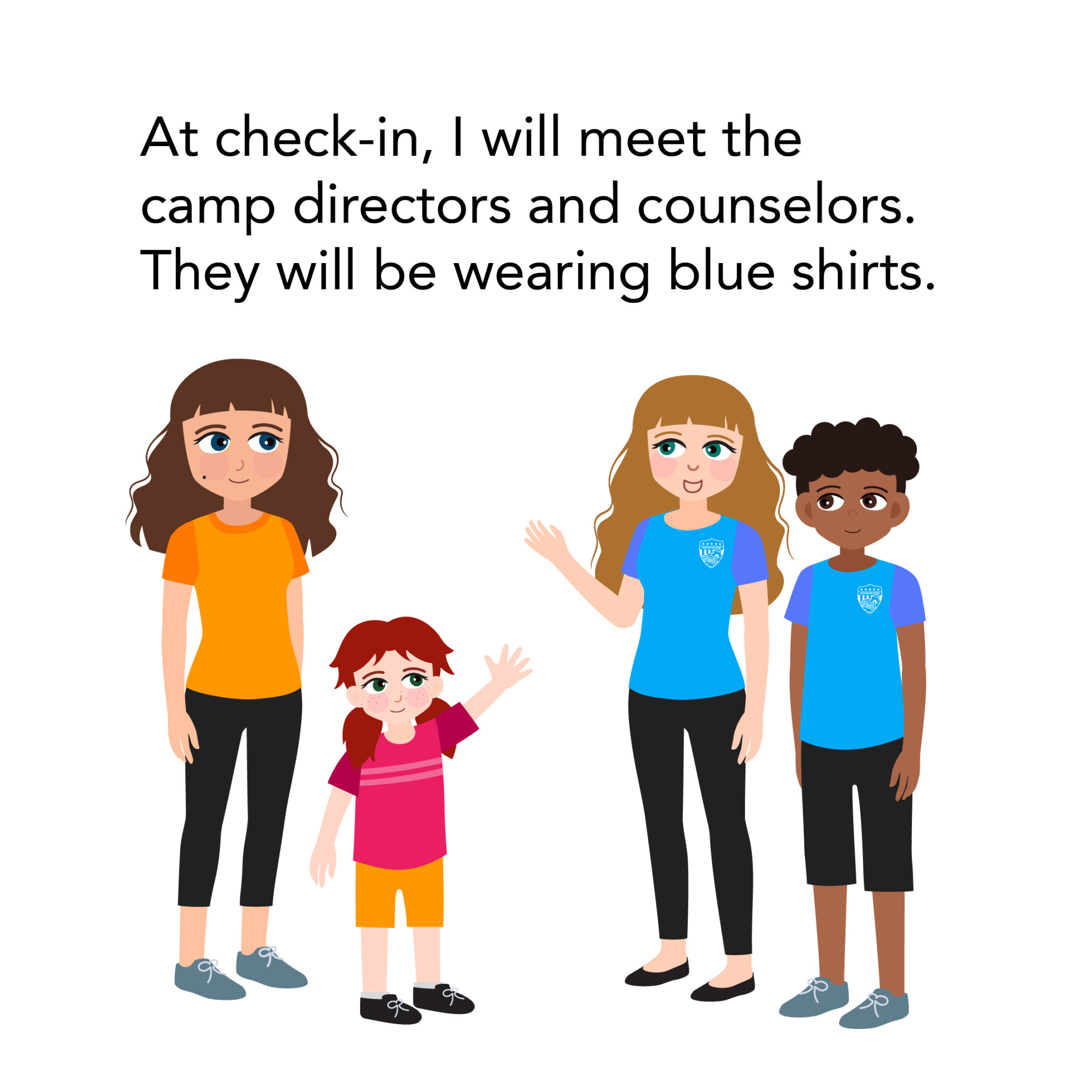 Camp directors and counselors wearing blue shirts