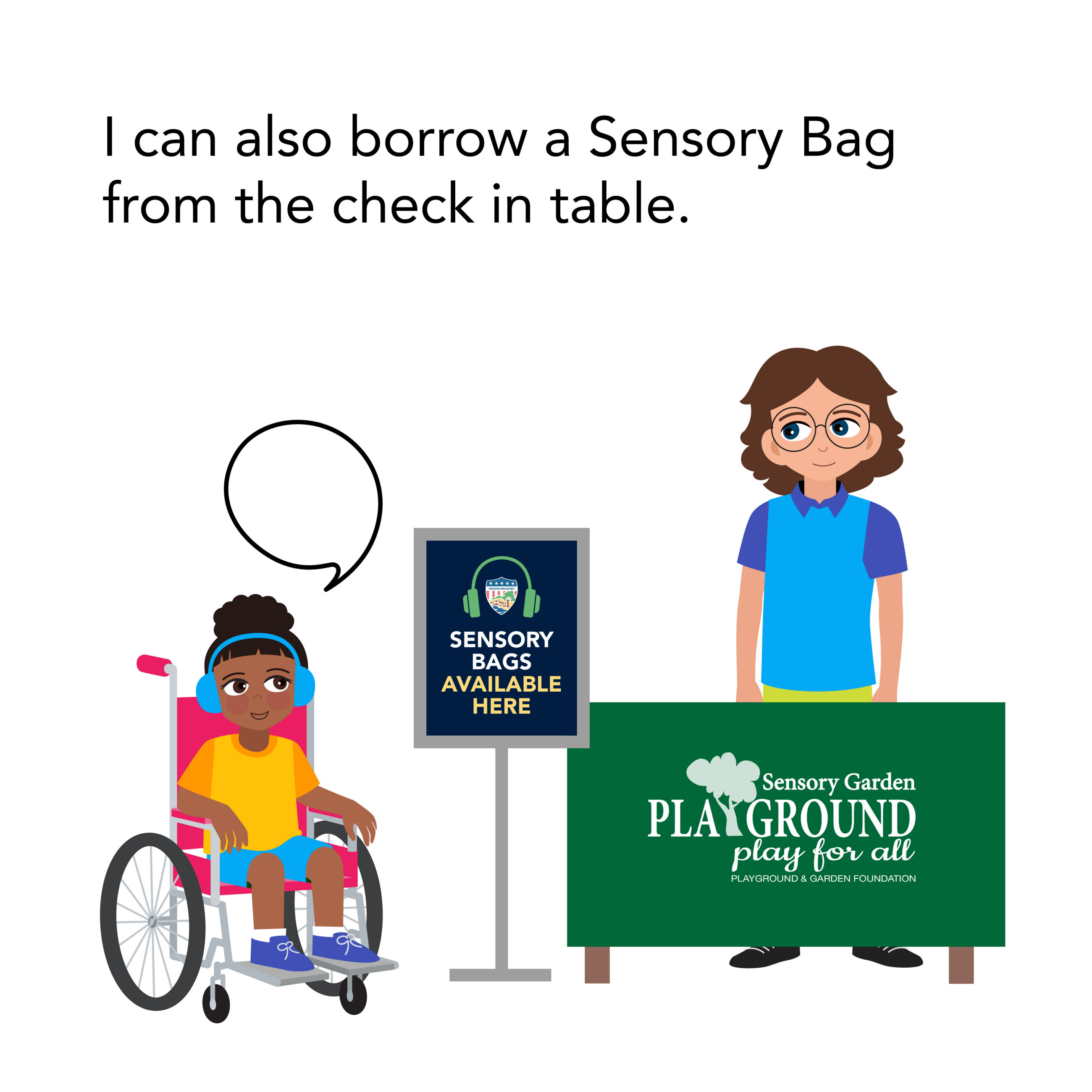 Girl in wheelchair asking for Sensory Bag at the check-in table