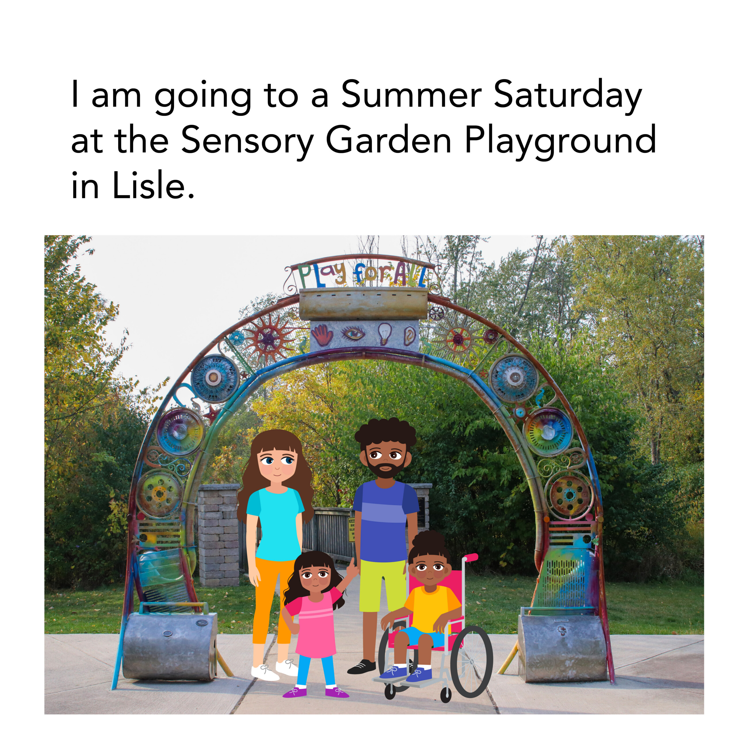 Family standing in front of arch entrance of Sensory Garden Playground