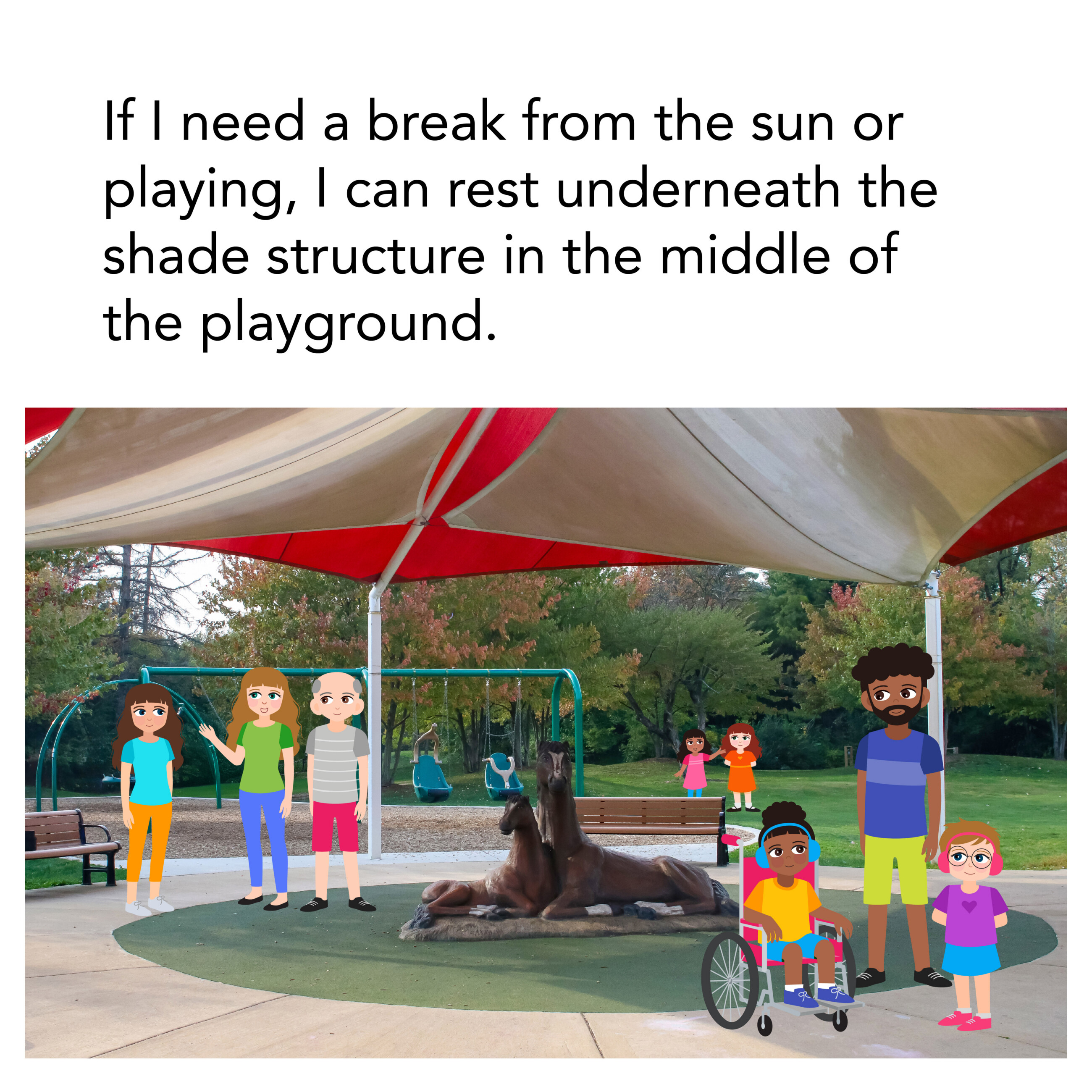 Children with their families rest underneath the shade structure