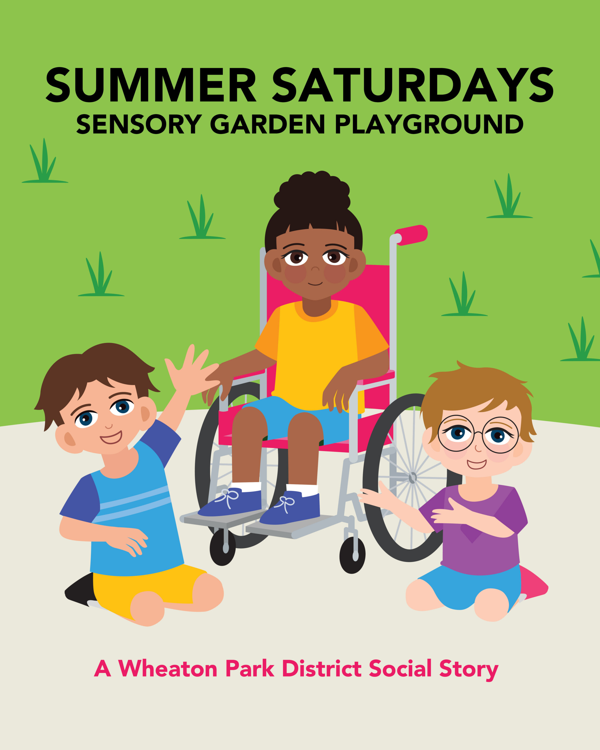 Three children playing Summer Saturdays at the sensory garden playground