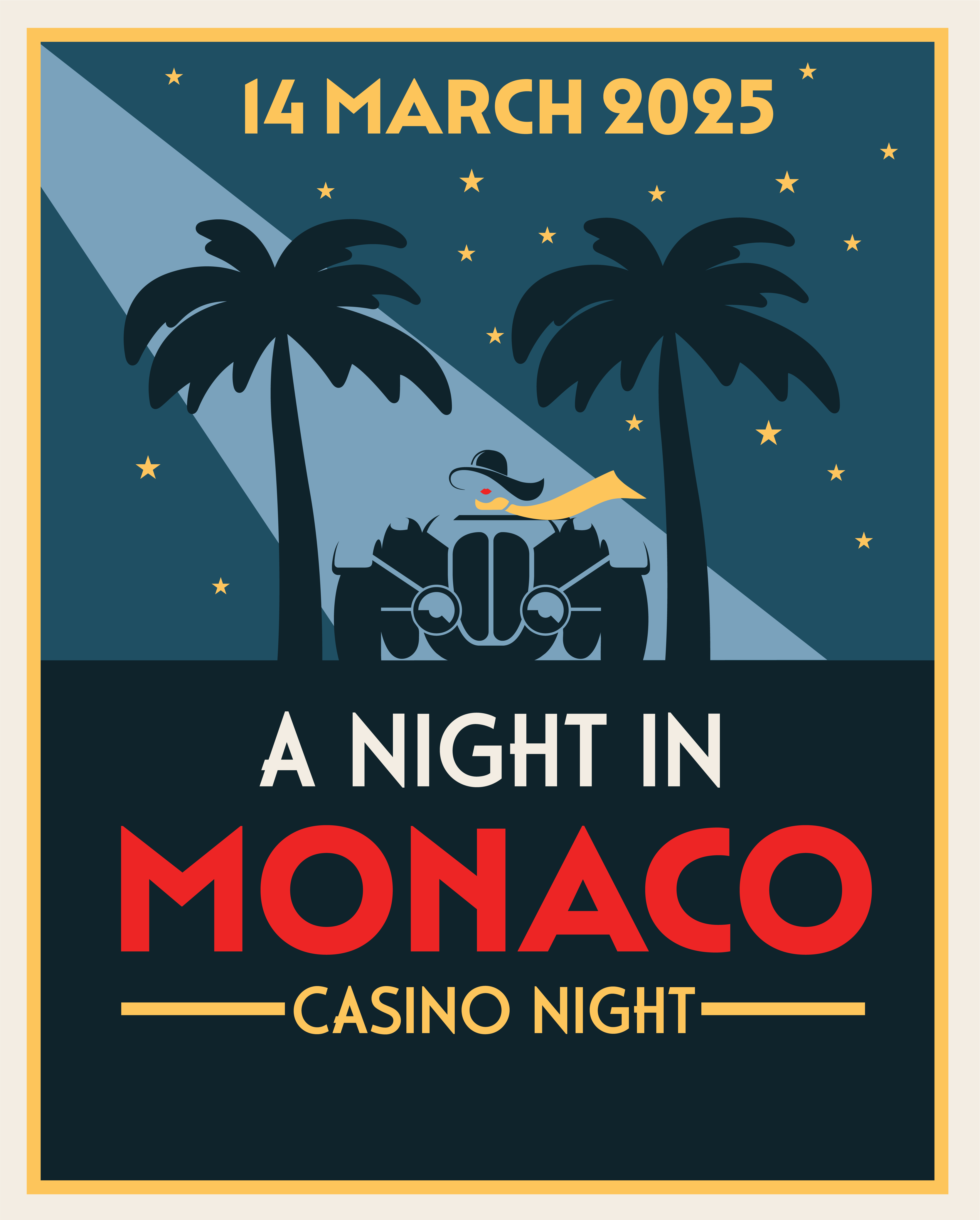 monaco-logo (3) Car in between palm trees under yellow stars sky with text 14 March 2025 A Night in Monaco Casino Night
