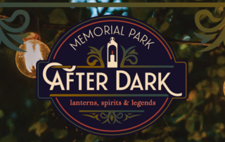 Logo for "Memorial Park After Dark" with a lantern icon, overlaying blurred string lights and foliage.